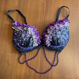 Handmade black floral gem stone beaded purple bra